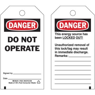 Reverse Lockout Tag - Danger Do Not Operate/Do Not Remove This Tag