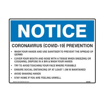 Notice Sign - Workplace Coronavirus Prevention - 450mm (W) x 600mm (H), Flute